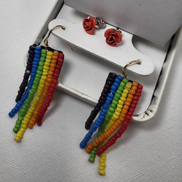 💮 Earrings (2 sets) - hanging and stud flower rose - Picture 3 of 5